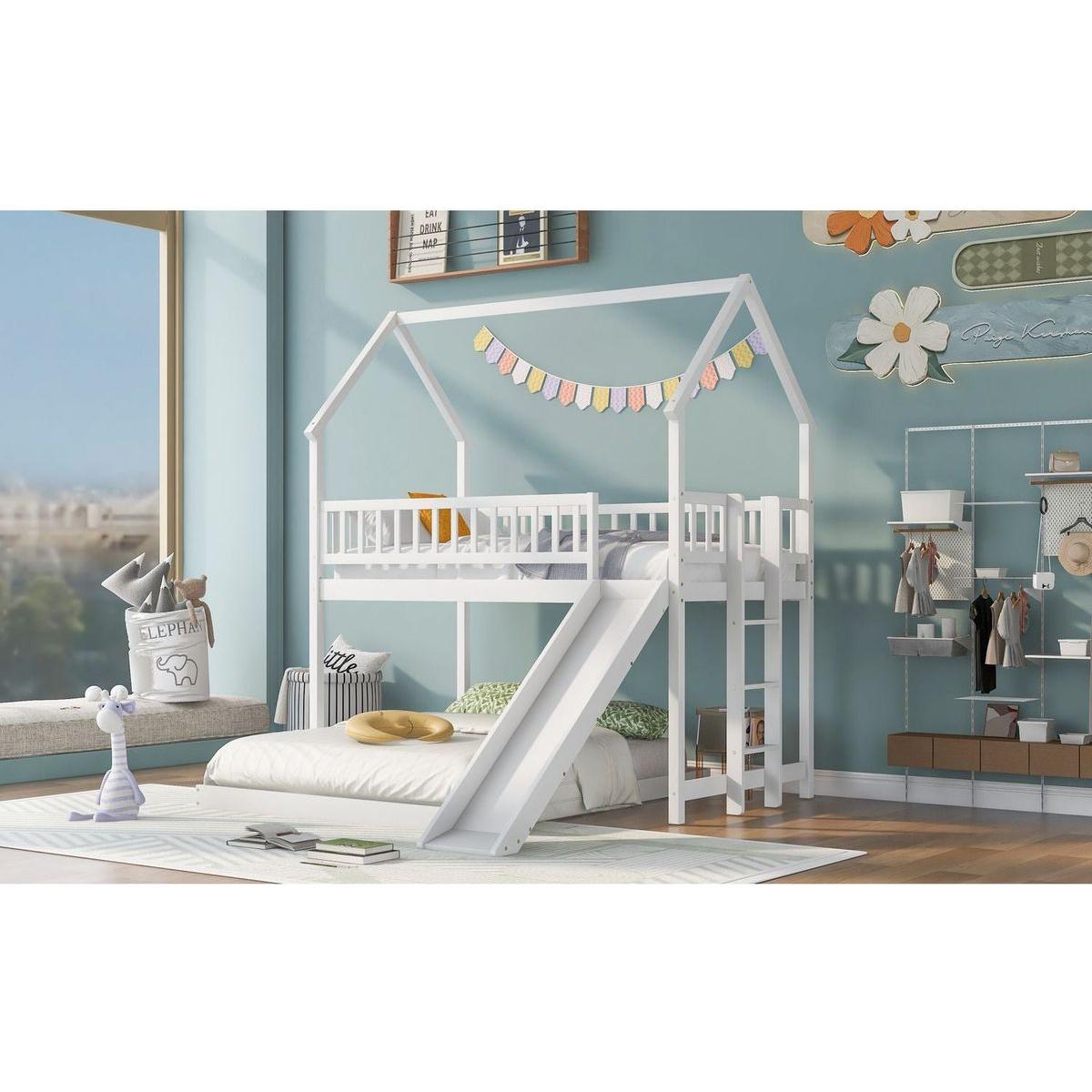 Twin over Full House Bunk Bed with Slide and Built-in Ladder, Full-Length Guardrail, White