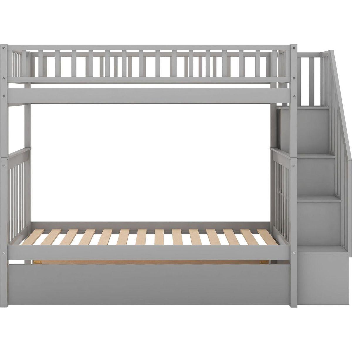 Twin over Twin Bunk Bed with Trundle and Storage, Gray