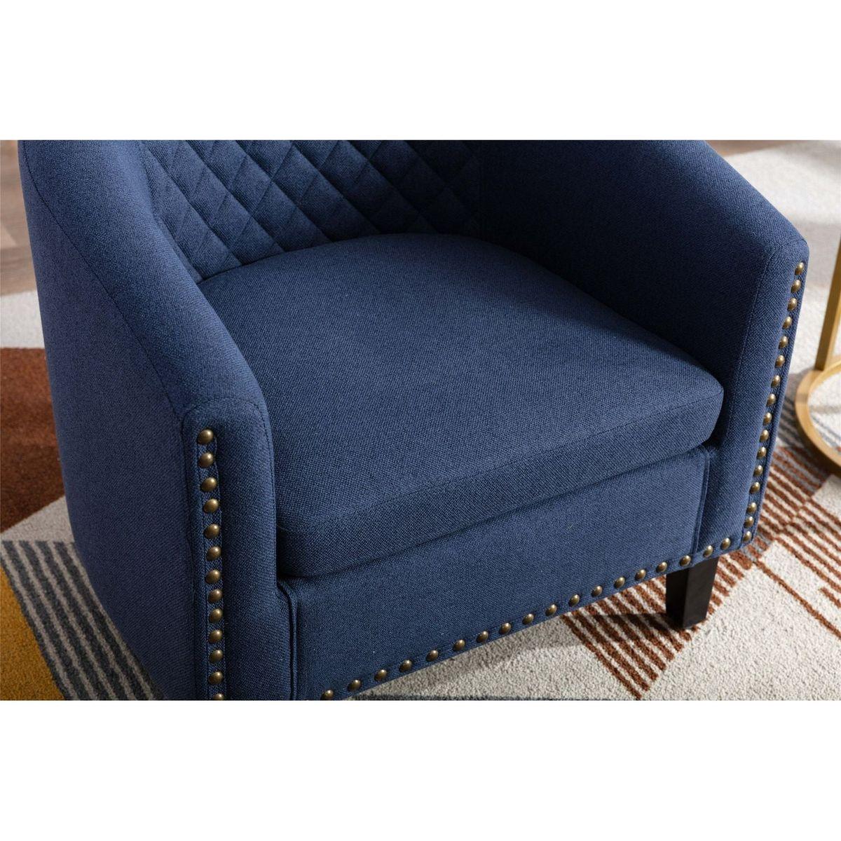 accent Barrel chair living room chair with nailheads and solid wood legs Black Navy Linen