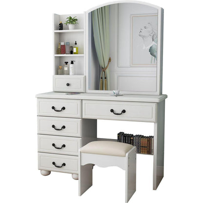 Fashion Vanity Desk with Mirror and Lights for Makeup, Vanity Mirror with Lights and Table Set with 3 Color Lighting Brightness Adjustable, 6 Drawers, White Color