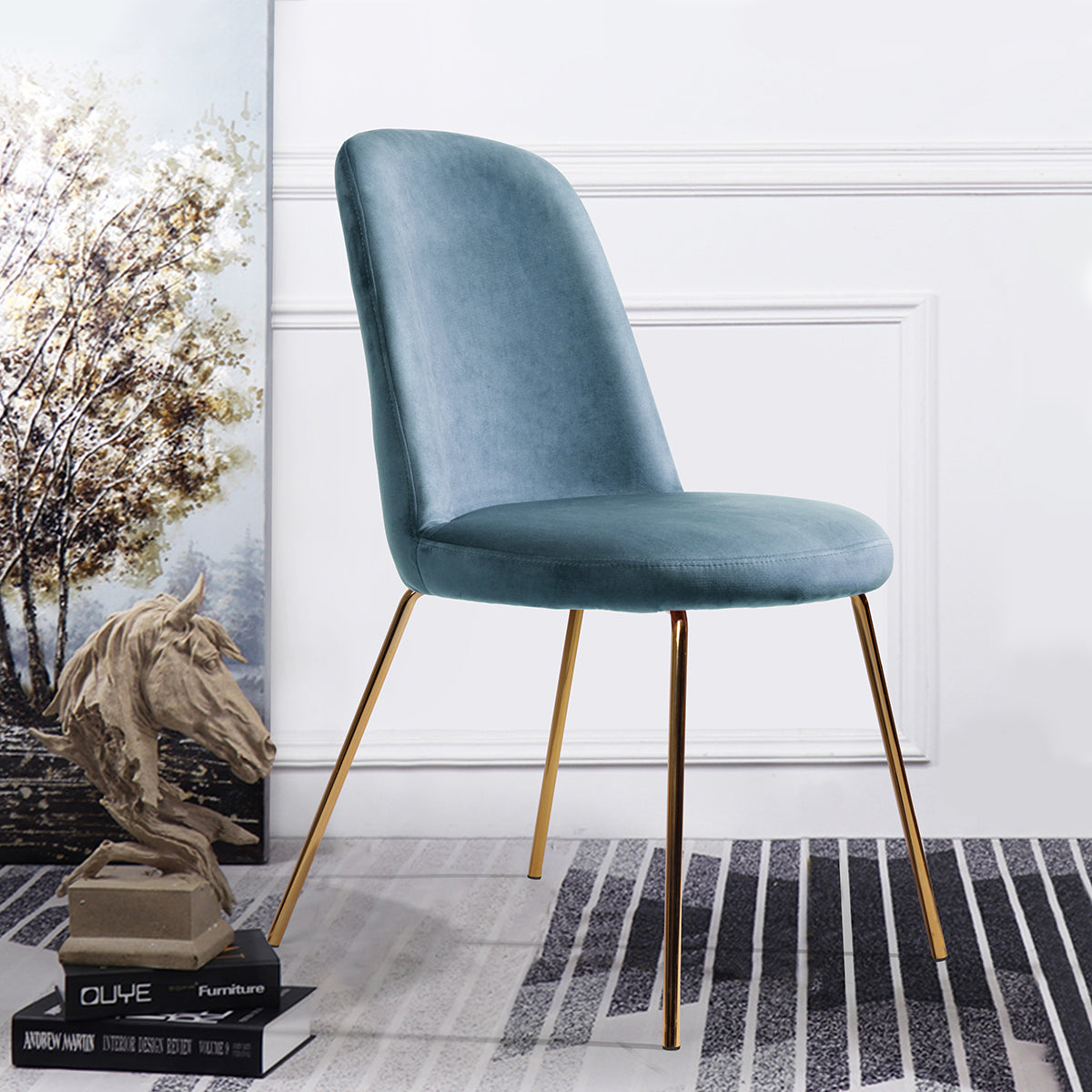 Modern Upholstered Dining Chair Set of 2 with Gold Legs - Blue