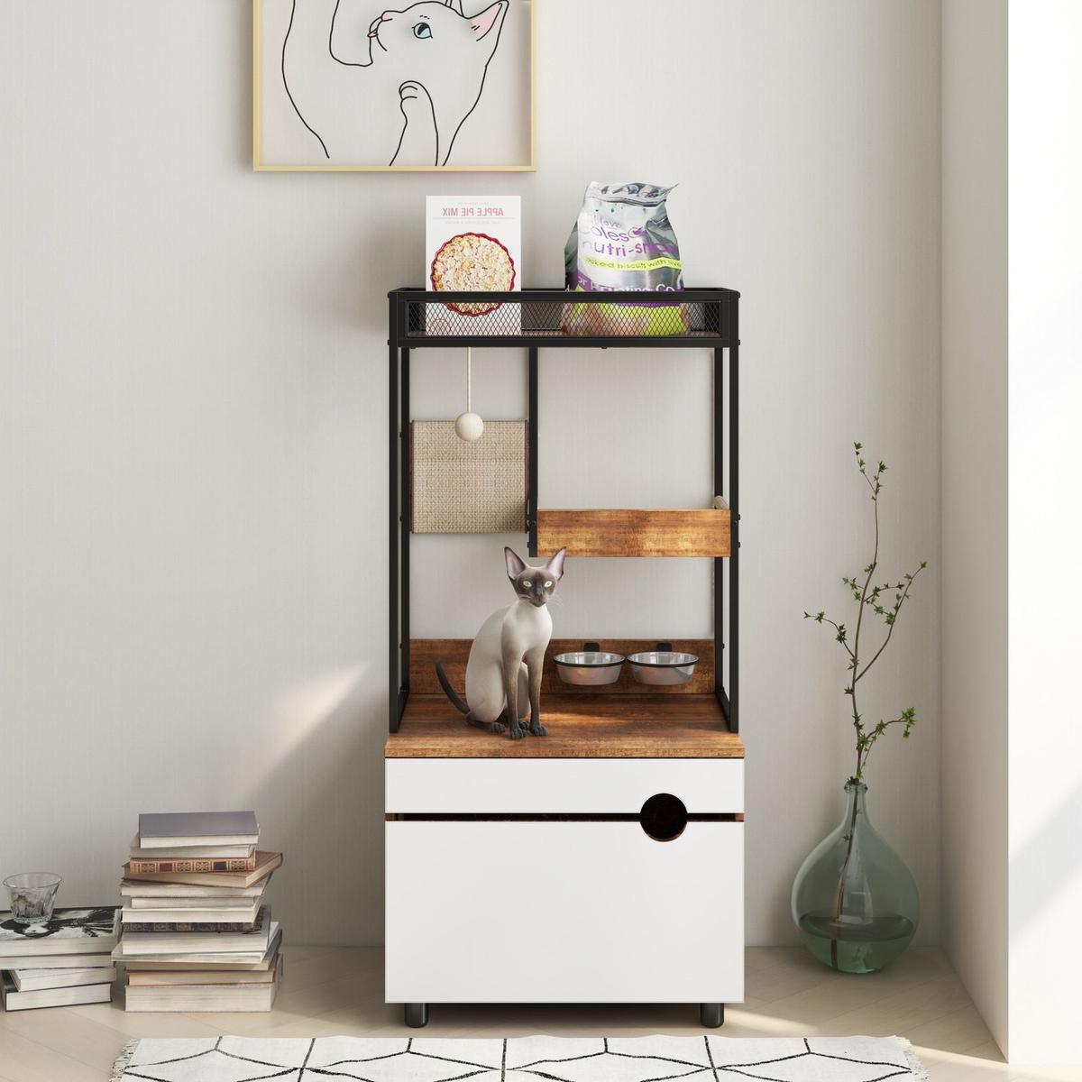 Hidden Cat Litter Box Enclosures with Cat Tree Tower, Cat Furniture with Scratching Pads and Large Storage Space, Industrial Cat Cabinet with Shelves and Doors, Rustic Brown