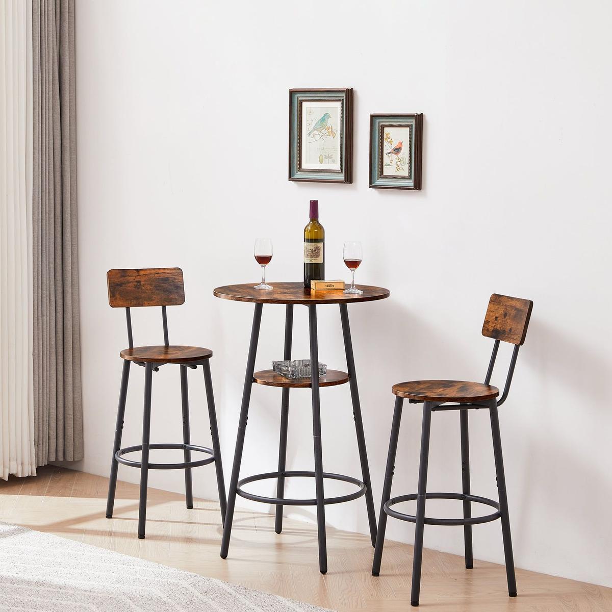 Round bar stool set with shelves, stool with backrest Rustic Brown, 23.6" Dia x 35.4" H - Streamdale Furniture