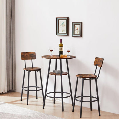 Round bar stool set with shelves, stool with backrest Rustic Brown, 23.6" Dia x 35.4" H - Streamdale Furniture