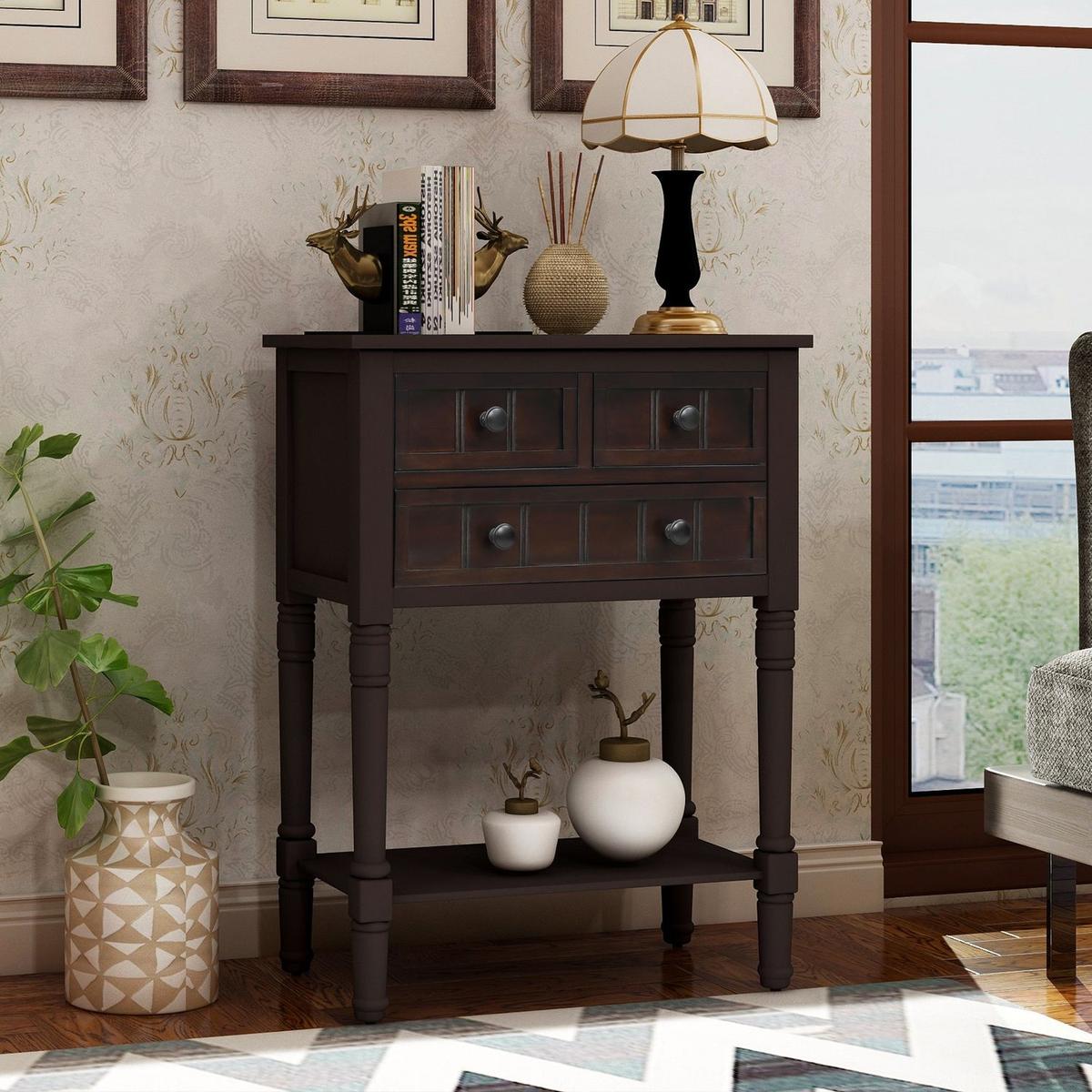Narrow Console Table, Slim Sofa Table with Three Storage Drawers and Bottom Shelf for Living Room, Easy Assembly (Espresso) - Streamdale Furniture