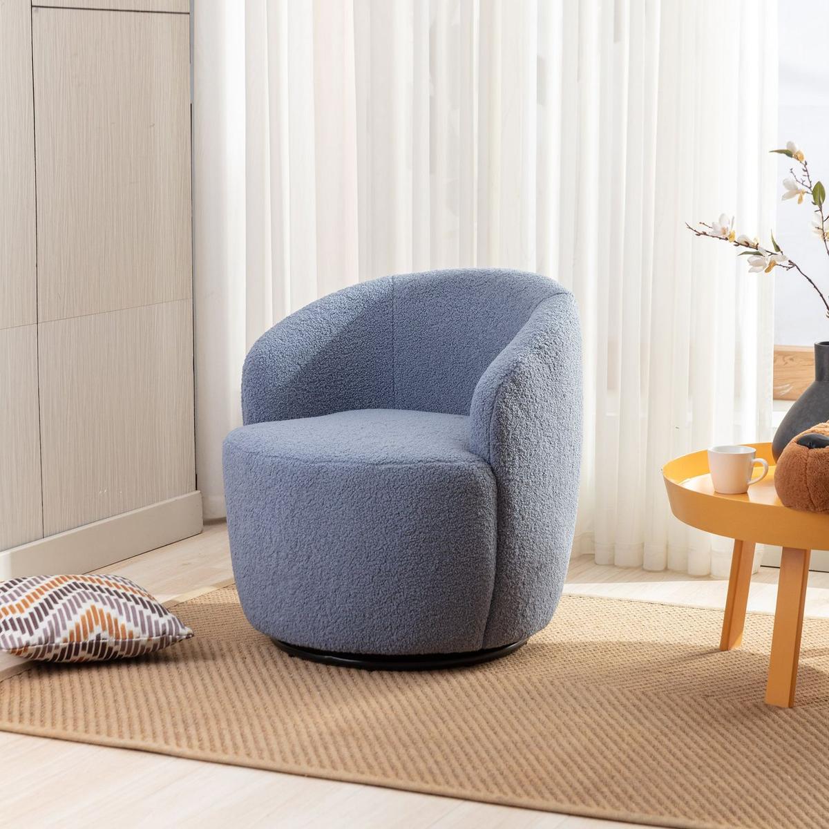 Teddy Fabric Swivel Accent Armchair Barrel Chair With Black Powder Coating Metal Ring, Light Blue