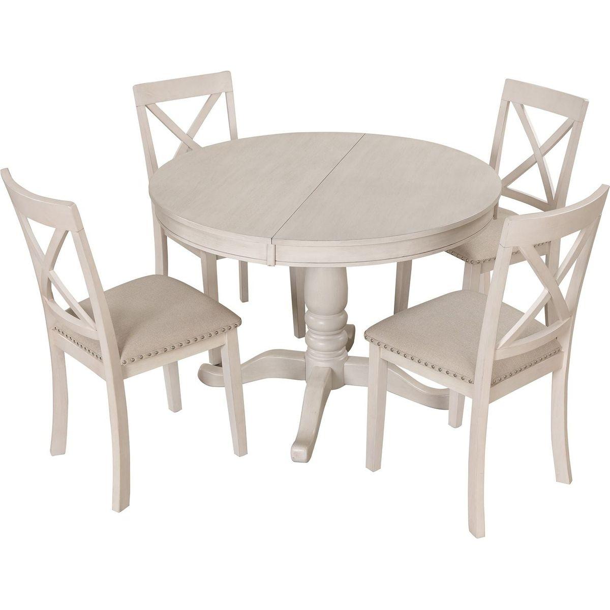 Modern Dining Table Set for 4, Round Table and 4 Kitchen Room Chairs, 5 Piece Kitchen Table Set for Dining Room, Dinette, Breakfast Nook, Antique White