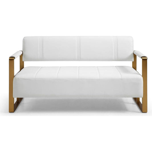 57.9" Width Modern Upholstery Faux Bonded Leather Loveseat Sofa for Living Room Accent Love Seats for Small Spaces 2 Seater Couch Sofa Office Apartment Studio Furniture with Golden Metal Arms,White