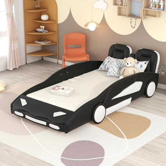 Twin Size Race Car-Shaped Platform Bed with Wheels, Black - Streamdale Furniture