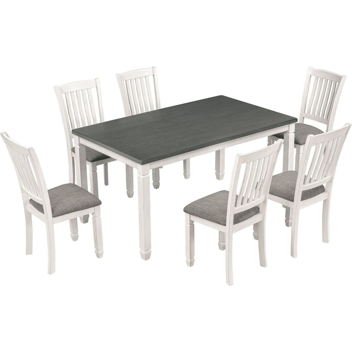 7-Piece Dining Table Set Wood Dining Table and 6 Upholstered Chairs with Shaped Legs for Dining Room/Living Room Furniture (Gray+White)