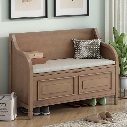 Rustic Style Solid wood Entryway Multifunctional Storage Bench with Safety Hinge (Brown+ Beige)