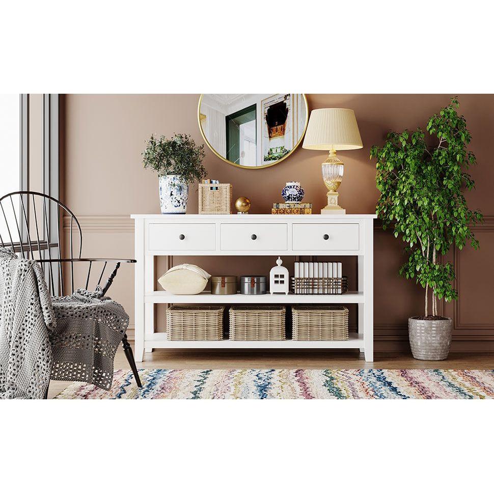 Retro Design Console Table with Two Open Shelves, Pine Solid Wood Frame and Legs for Living Room (Antique White)