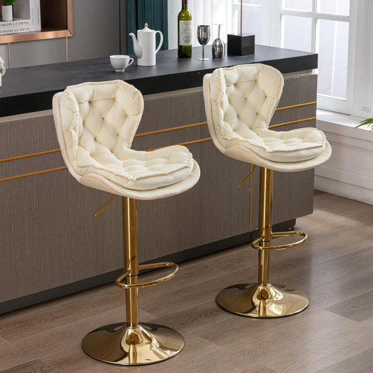 Set of 2 Bar Stools, with Chrome Footrest and Base Swivel Height Adjustable Mechanical Lifting Velvet + Golden Leg Simple Bar Stool-cream