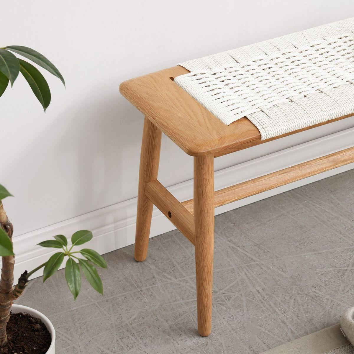Design Natural Oak Wood Dining Bench Bed Bench for Dining Room, Bedroom, Bathroom (White) - Streamdale Furniture