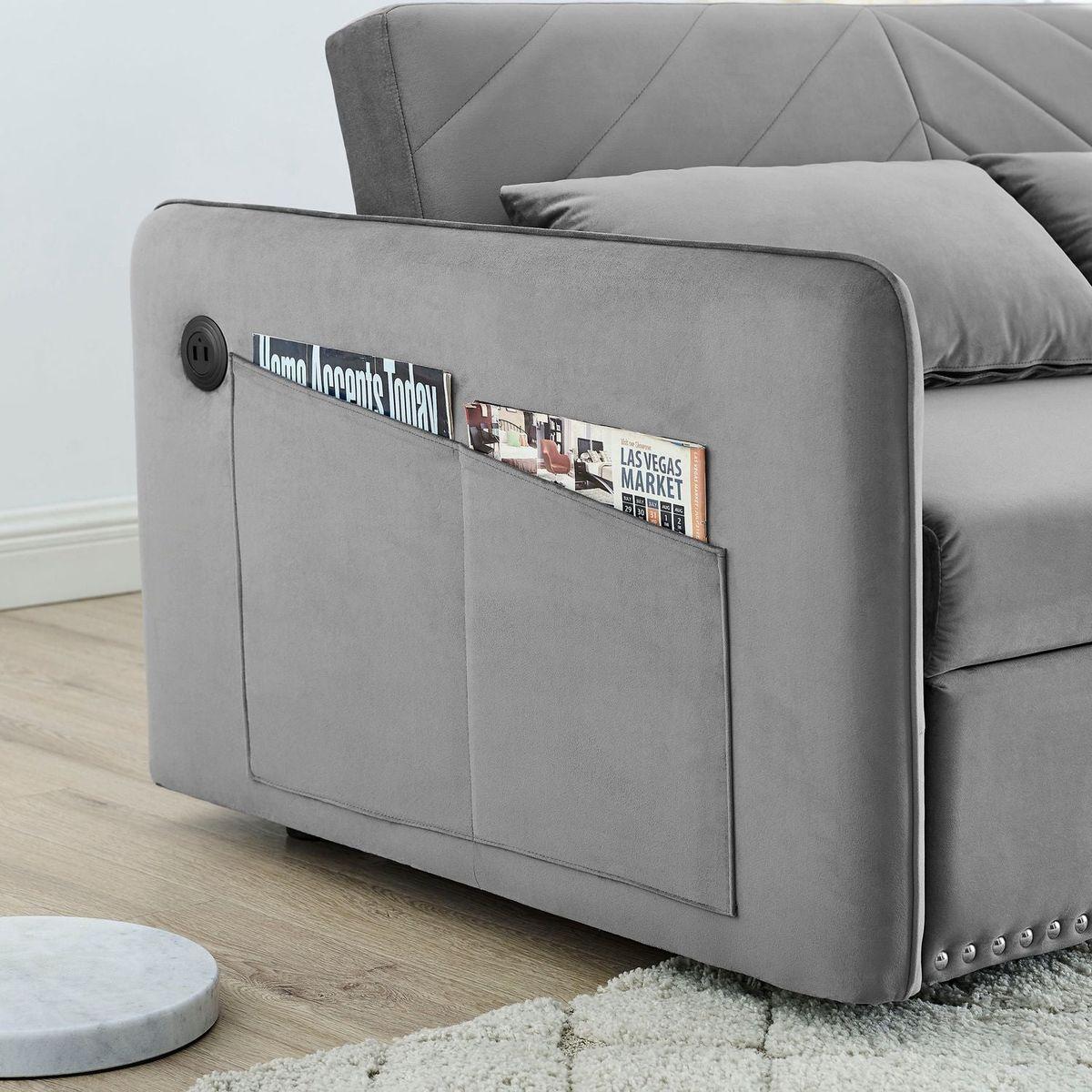 Pull-out sofa sleeper, 3-in-1 adjustable sleeper with pull-out bed, 2 lumbar pillows and side pocket, soft velvet convertible sleeper sofa bed, suitable for living room bedroom.