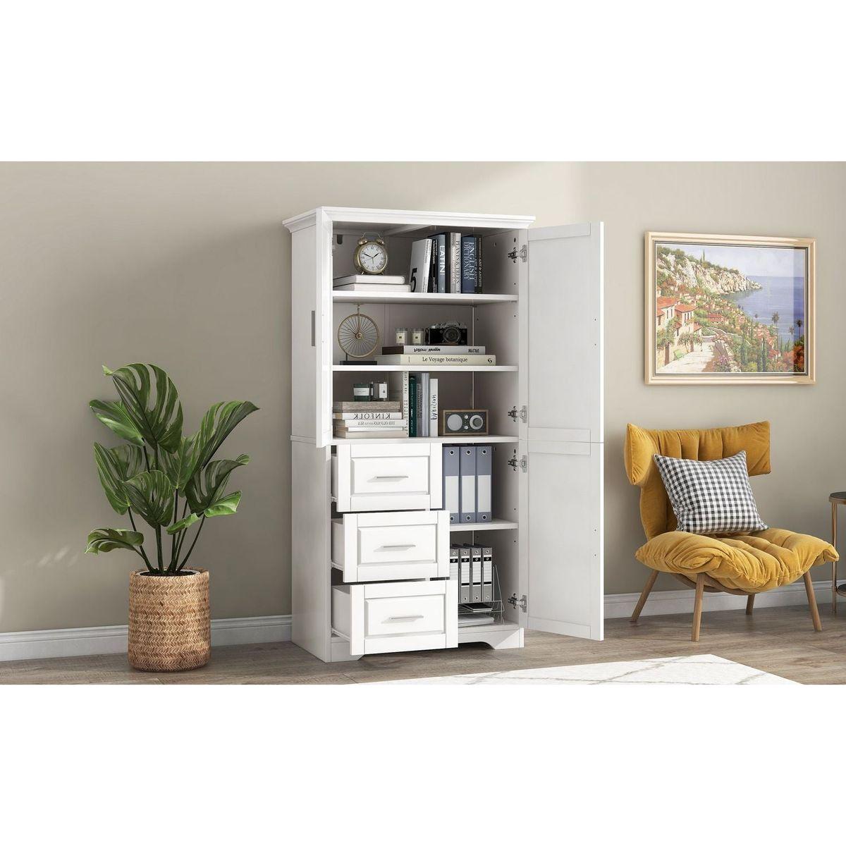 Tall and Wide Storage Cabinet with Doors for Bathroom/Office, Three Drawers, White