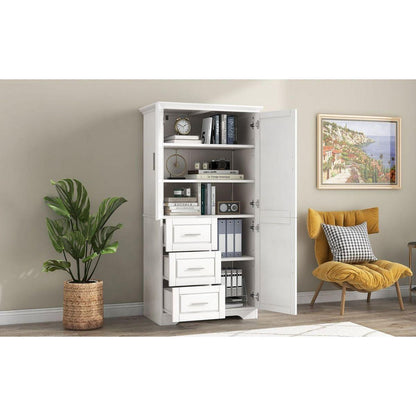 Tall and Wide Storage Cabinet with Doors for Bathroom/Office, Three Drawers, White