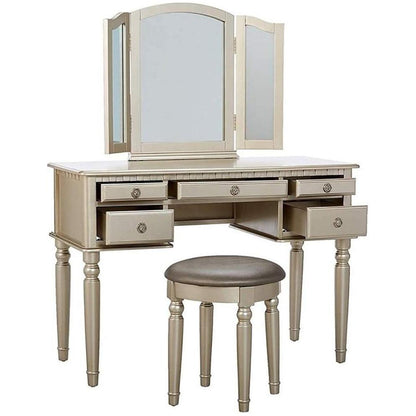 Bedroom Contemporary Vanity Set w Foldable Mirror Stool Drawers Silver Color