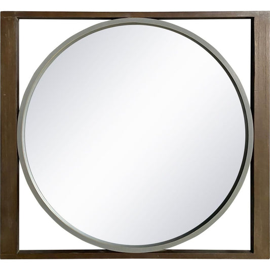 Round Wall Mirror with Rectangular Wooden Frame, Brown