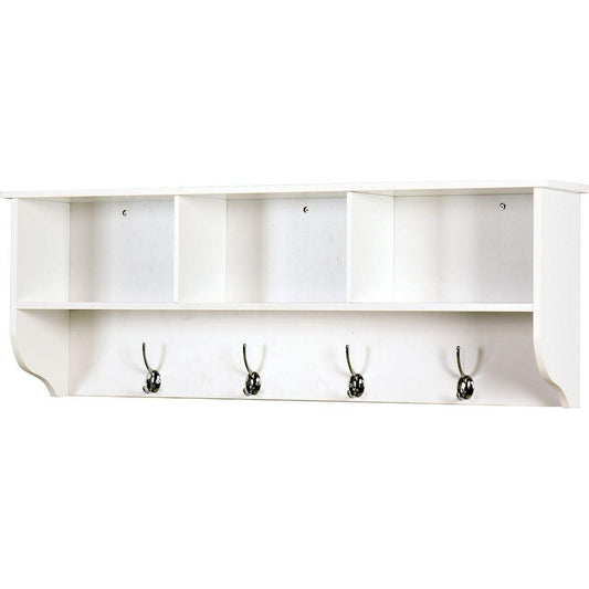 White Entryway Wall Mounted Coat Rack with 4 Dual Hooks Living Room Wooden Storage Shelf