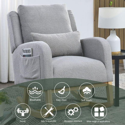 27.5" W Modern Accent High Back Living Room Casual Armchair Rocker with One Lumbar Pillow, Two Side Pockets, Teddy.