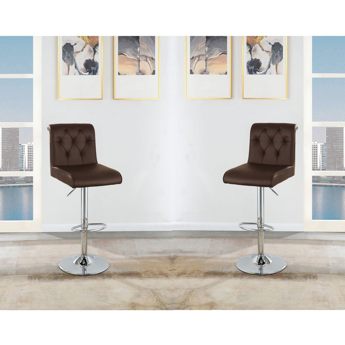 Adjustable Bar stool Gas lift Chair Espresso Faux Leather Tufted Chrome Base Modern Set of 2 Chairs Dining Kitchen