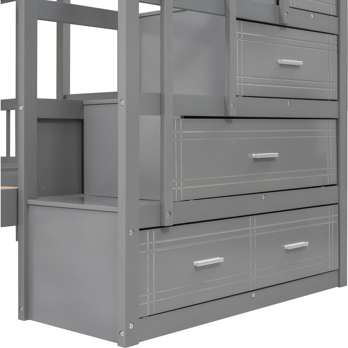 Full Over Twin & Twin Bunk Bed, Wood Triple Bunk Bed with Drawers and Guardrails (Gray)