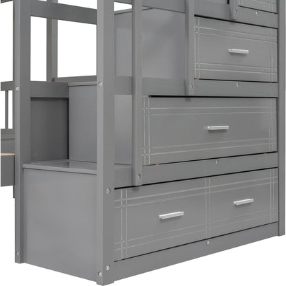 Full Over Twin & Twin Bunk Bed, Wood Triple Bunk Bed with Drawers and Guardrails (Gray)