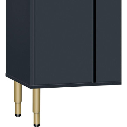 Modern Sideboard MDF Buffet Cabinet Marble Sticker Tabletop and Amber-yellow Tempered Glass Doors with Gold Metal Legs & Handles (Navy Blue)