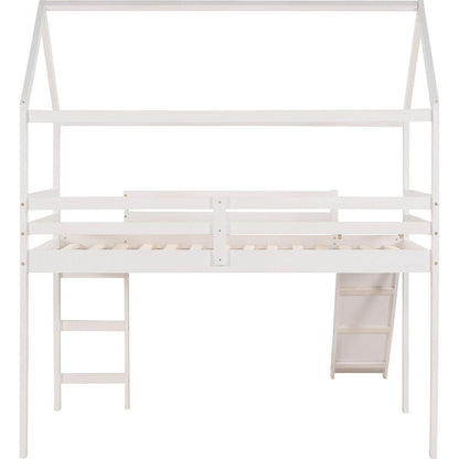 Twin Loft Bed with Slide, House Bed with Slide, White