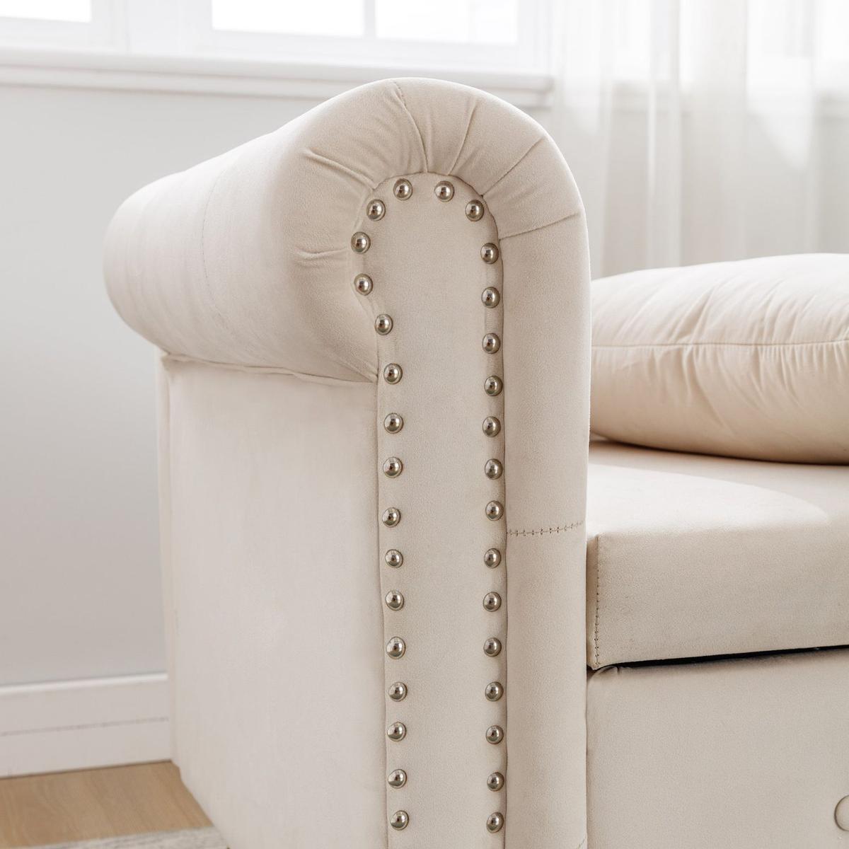 Beige Chaise Lounge Indoor, Velvet Lounge Chair for Bedroom with Storage & Pillow, Modern Upholstered Rolled Arm Chase Lounge for Sleeping with Nailhead Trim for Living Room Bedroom Office