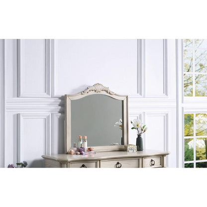 Contemporary Antique White Color Vanity Set w Stool Retro Style Drawers cabriole-tapered legs Mirror w floral crown molding Bedroom Furniture