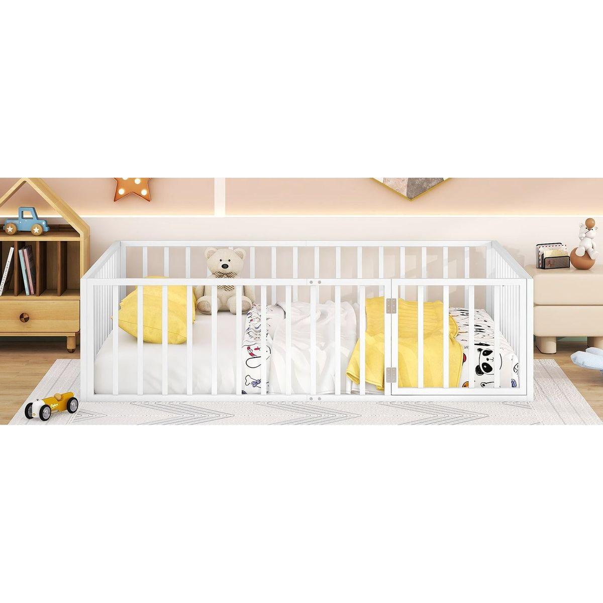 Queen Size Metal Floor Bed Frame with Fence and Door, White
