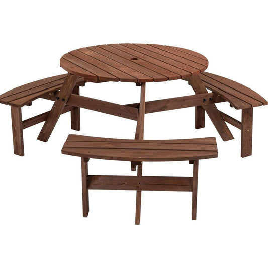 6-Person Circular Outdoor Wooden Picnic Table for Patio, Backyard, Garden, DIY w/ 3 Built-in Benches, 1720lb Capacity - Brown