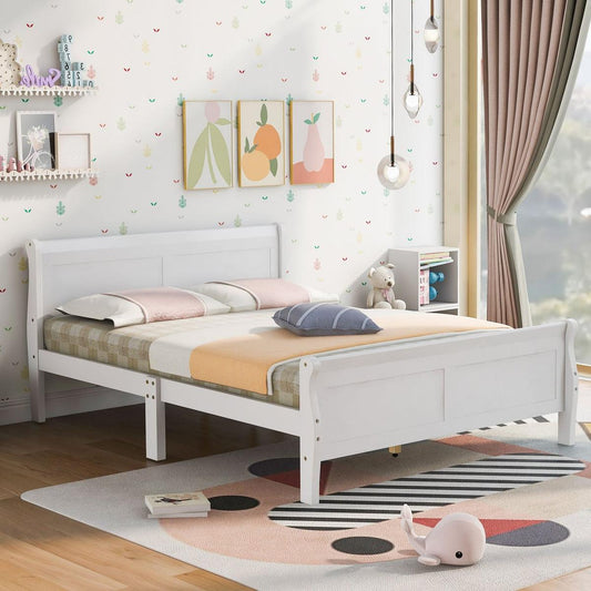 Full Size Wood Platform Bed with Headboard and Wooden Slat Support (White) - Streamdale Furniture