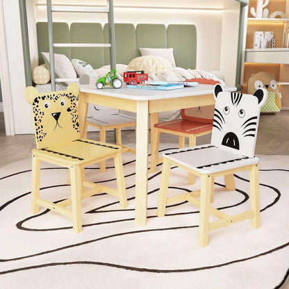 5 Piece Kiddy Table and Chair Set, Kids Wood Table with 4 Chairs Set Cartoon Animals (bigger table) (3-8 years old)