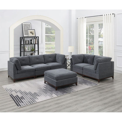 Ash Grey Chenille Fabric Modular Sofa Set 6pc Set Living Room Furniture Couch Sofa Loveseat 4x Corner Wedge 1x Armless Chair and 1x Ottoman Tufted Back Exposed Wooden Base