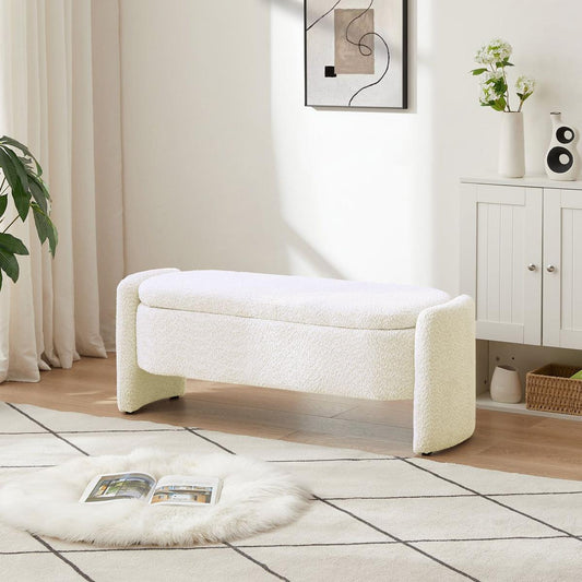 Ottoman Oval Storage Bench 3D Lamb Fleece Fabric  Bench with Large Storage Space for the Living Room, Entryway and Bedroom,cream white