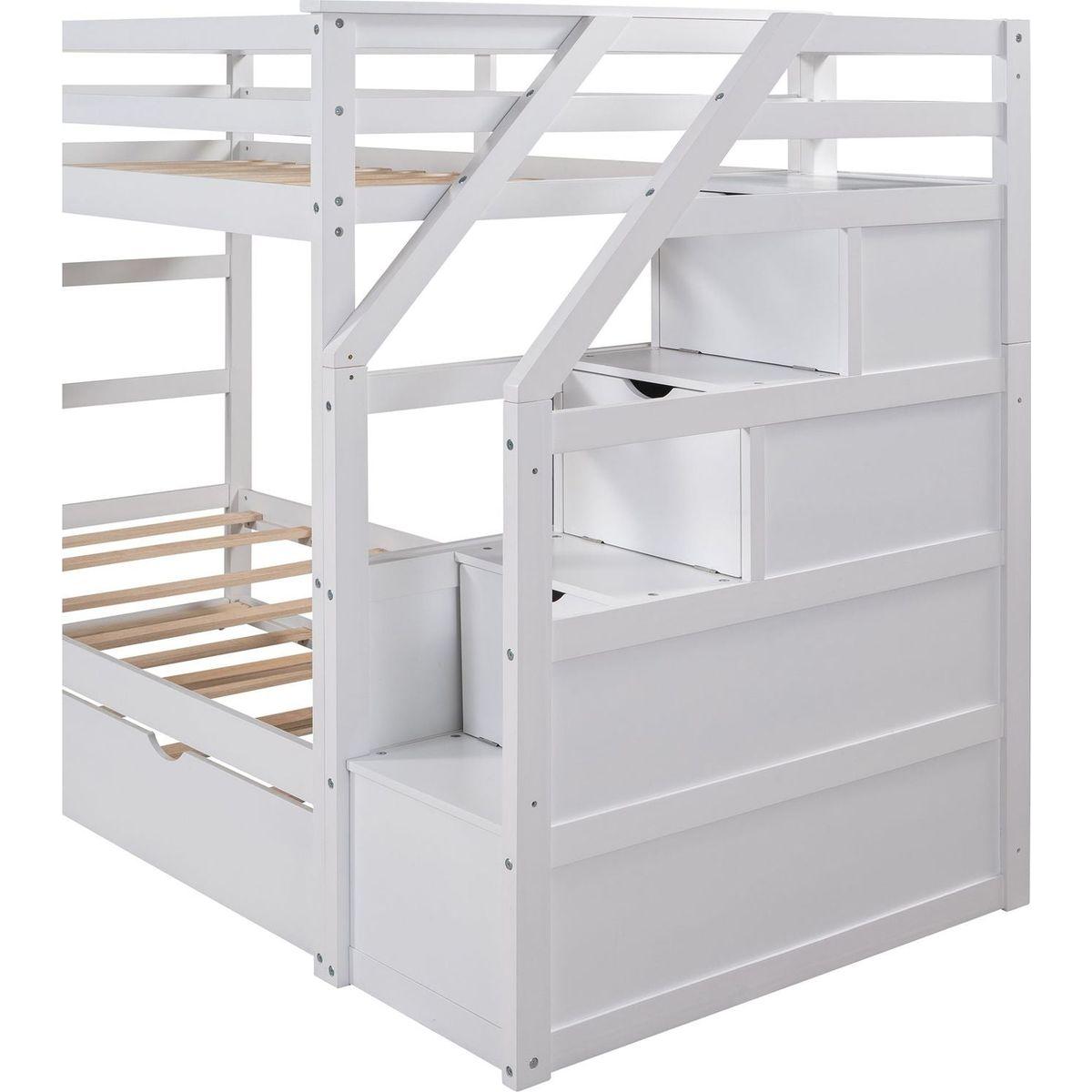 Twin-Over-Twin Bunk Bed with Twin Size Trundle and 3 Storage Stairs, White - Streamdale Furniture