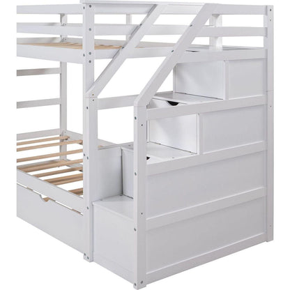 Twin-Over-Twin Bunk Bed with Twin Size Trundle and 3 Storage Stairs, White - Streamdale Furniture