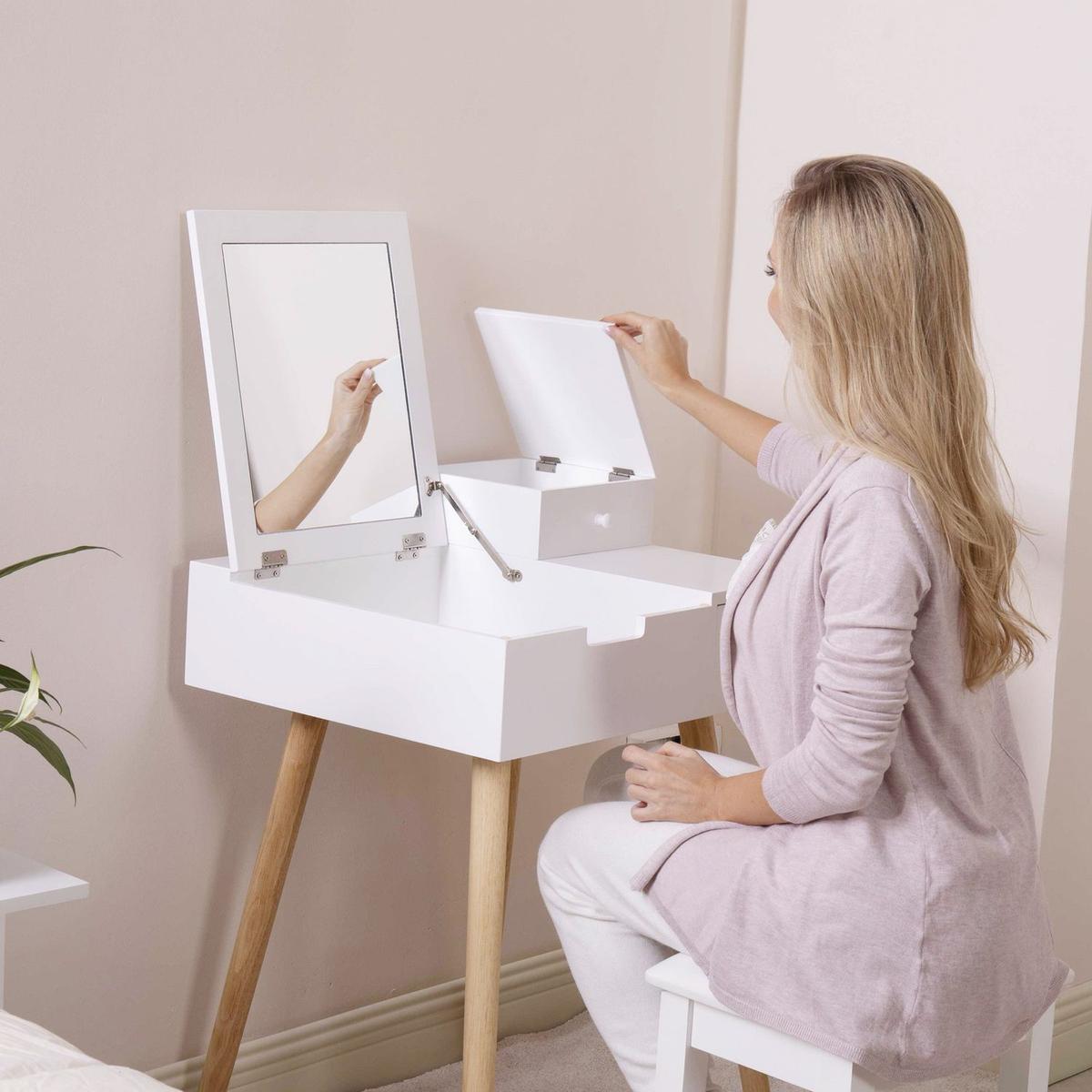 Wooden Vanity Desk Flip-top Dressing Mirror Writing table Computer Desk, White