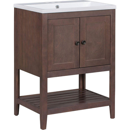 24" Brown Modern Sleek Bathroom Vanity Elegant Ceramic Sink with Solid Wood Frame Open Style Shelf