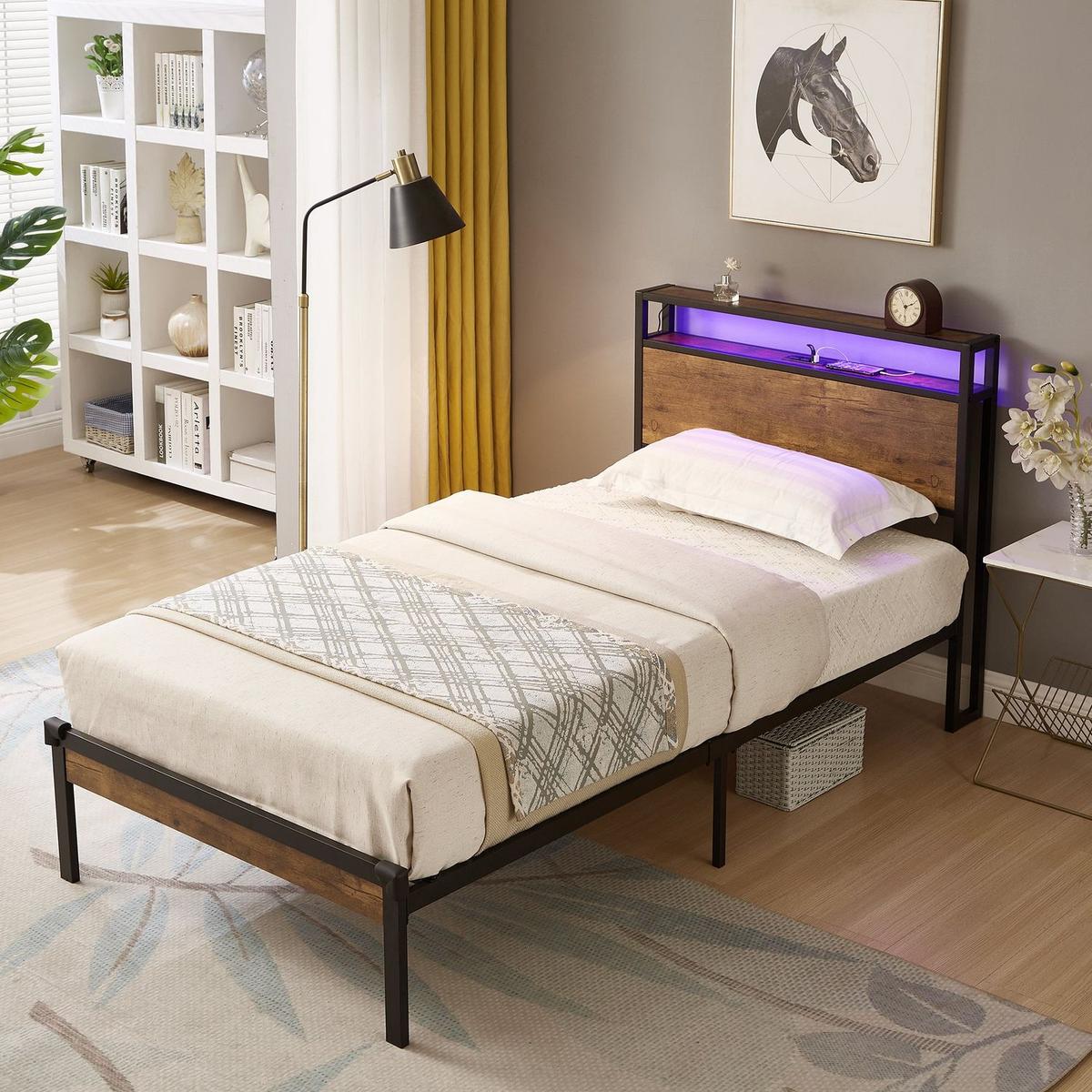 Twin Size Metal Platform Bed Frame with Wooden Headboard and Footboard with USB LINER, LED Lights, No Box Spring Needed, Large Under Bed Storage, Easy Assemble