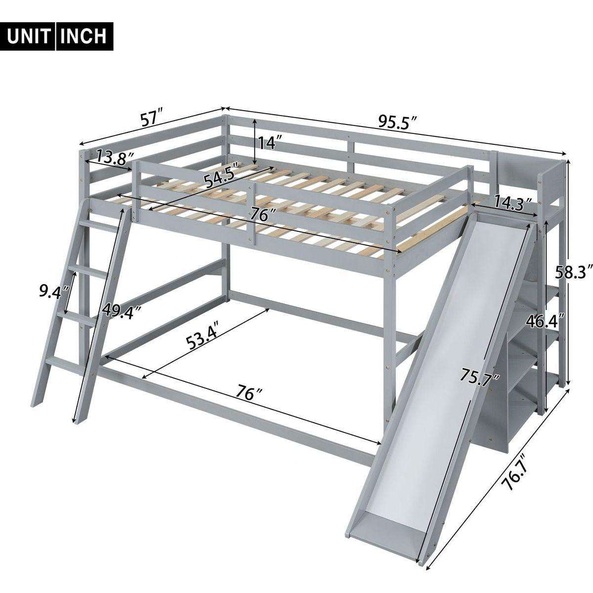 Full over Full Bunk Bed with Ladder, Slide and Shelves, Gray