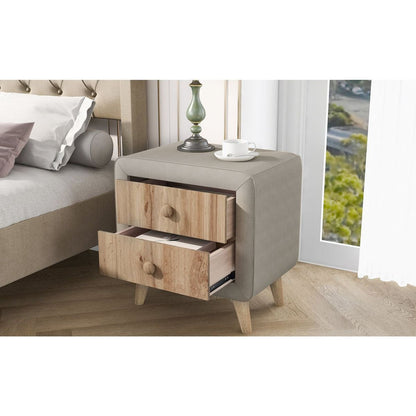 Upholstered Wooden Nightstand with 2 Drawers, Fully Assembled Except Legs and Handles, Bedside Table with Rubber Wood Leg-Beige