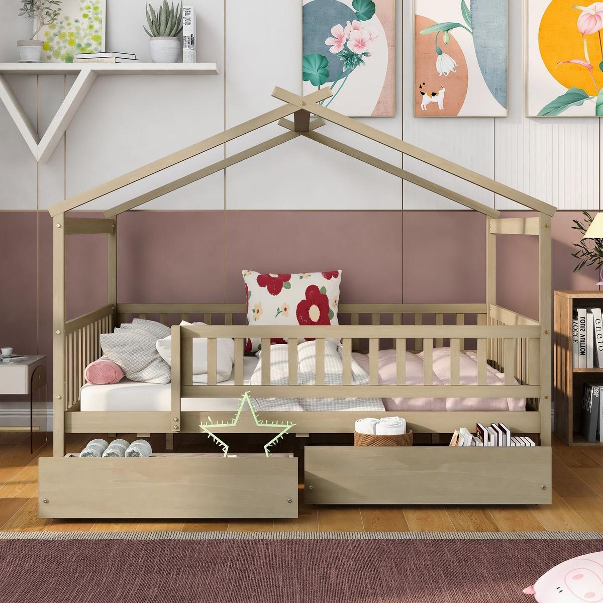 Full Size Wooden House Bed with Two Drawers, Natural