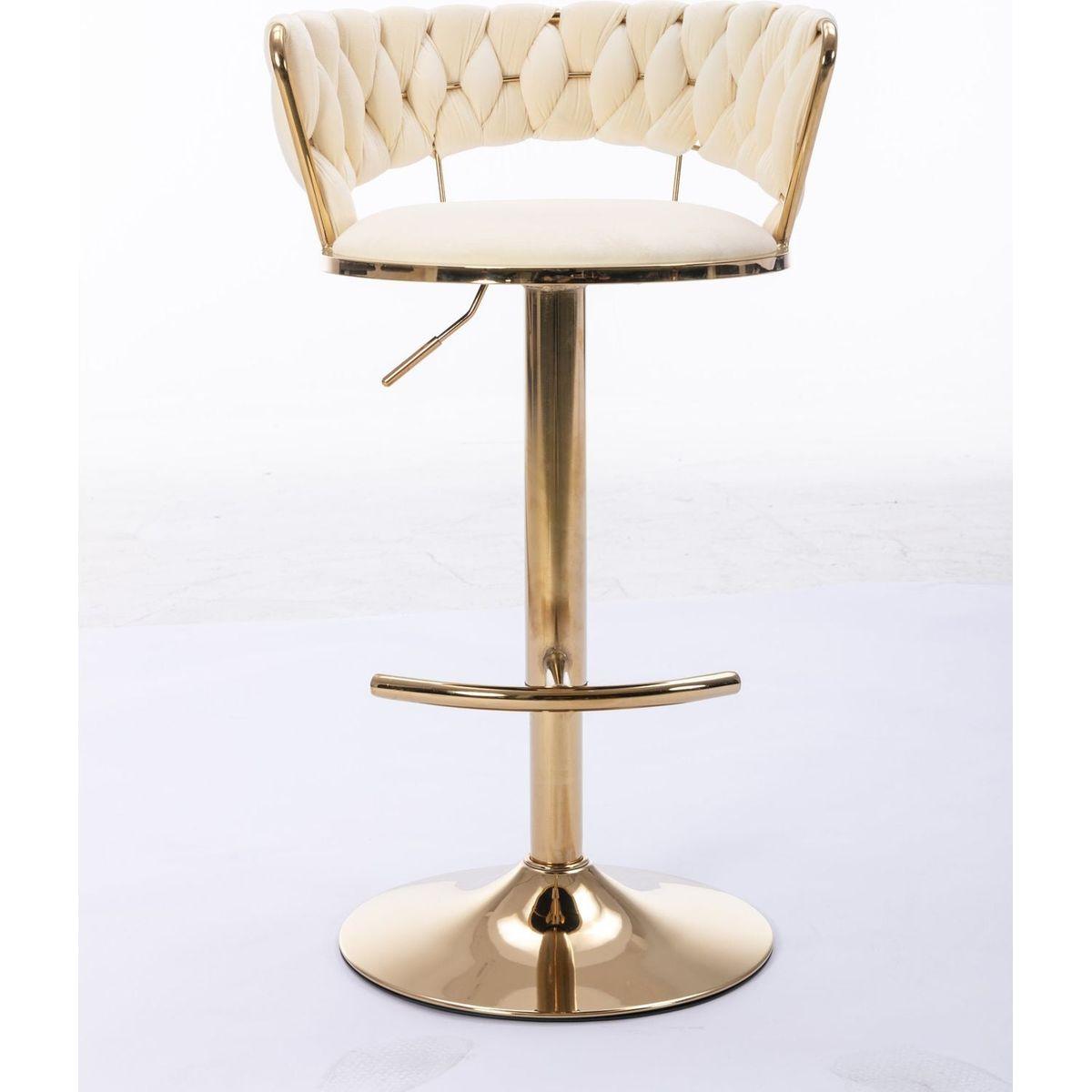 Set of 2 Bar Stools, with Chrome Footrest and Base Swivel Height Adjustable Mechanical Lifting Velvet + Golden Leg Simple Bar Stool-Cream - Streamdale Furniture