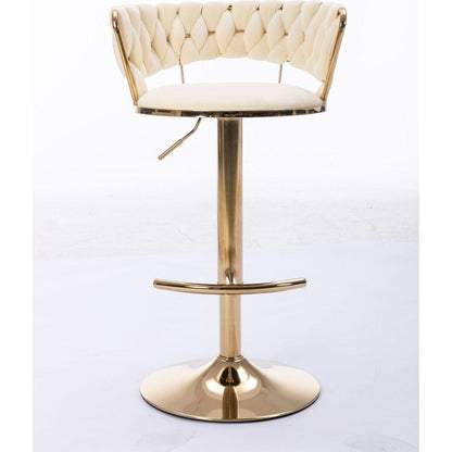 Set of 2 Bar Stools, with Chrome Footrest and Base Swivel Height Adjustable Mechanical Lifting Velvet + Golden Leg Simple Bar Stool-Cream - Streamdale Furniture