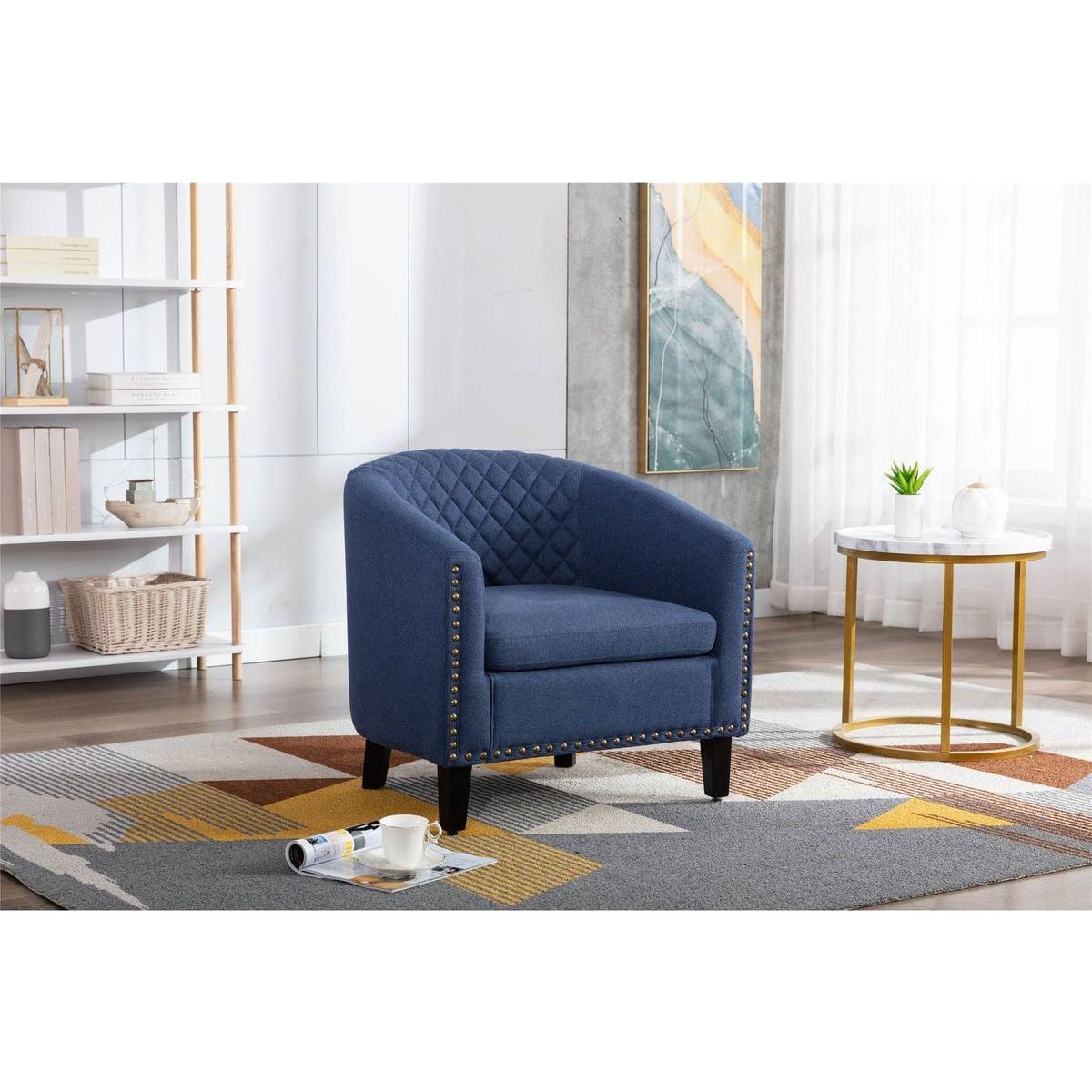 accent Barrel chair living room chair with nailheads and solid wood legs Black Navy Linen