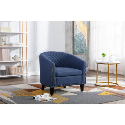 accent Barrel chair living room chair with nailheads and solid wood legs Black Navy Linen